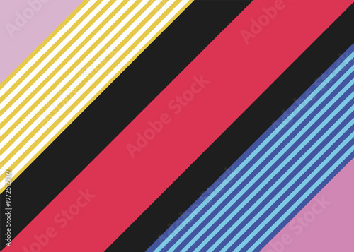 Pink, red and blue diagonal bands cross a light purple background.