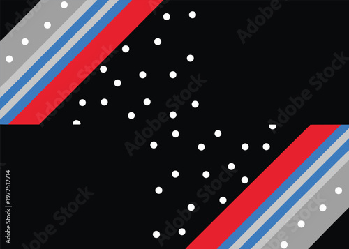 Red and blue striped diagonal bands frame a black dotted background.