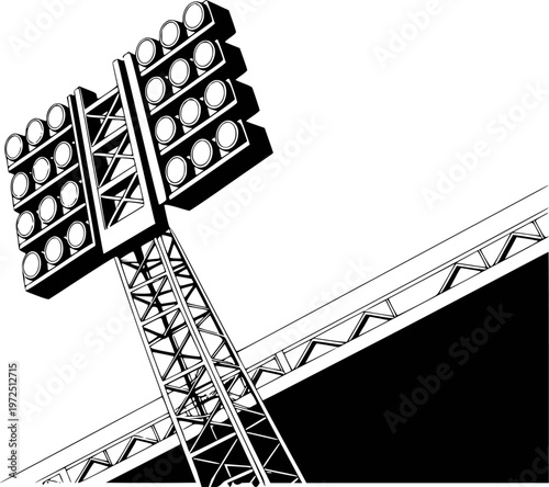 Black and white stadium floodlight tower with multiple lights and metal structure against white background