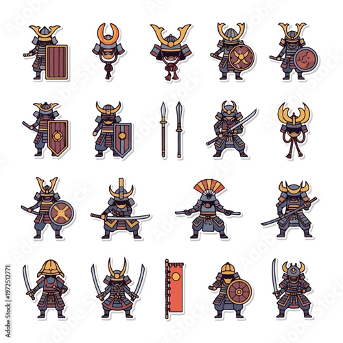 Collection of Diverse Samurai Warrior Illustrations with Weapons and Armor.