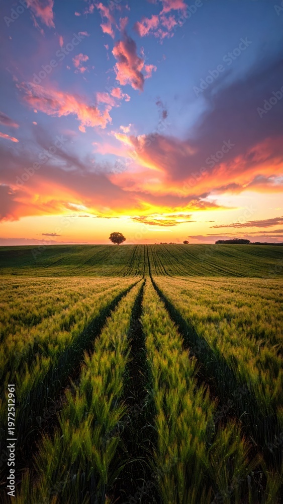 Fototapeta premium Golden Wheat Field During Sunset with Vibrant Colorful Sky