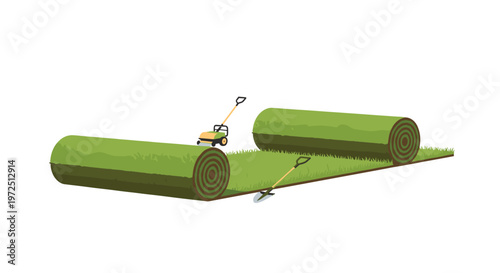 A bright outdoor illustration depicts two large rolls of lush green sod being unrolled alongside a yellow lawnmower and a metal shovel for landscaping work.