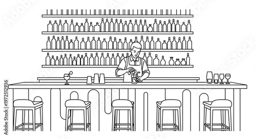 Bartender at Work - A Detailed Line Drawing of a Bar Scene.