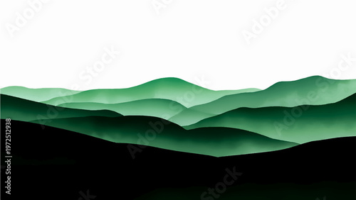 Serene mountain range layers vibrant green gradient and tranquil vista artistic nature scenery and calming landscape peaceful atmosphere simple design graphic elegance.