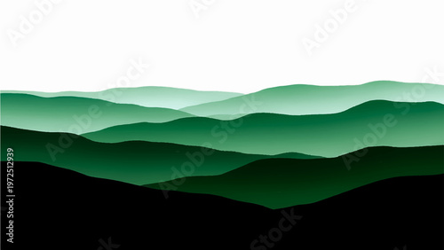 Abstract serene emerald mountain range layered landscape minimalist artistic gradient and graphic design tranquil nature scenic vista, horizon, atmospheric effect.