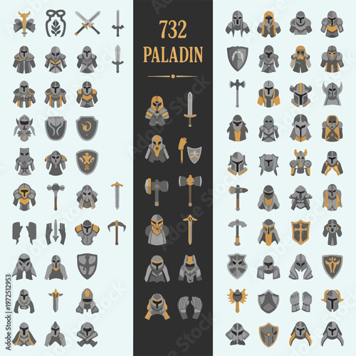 Large collection of paladin knight armor and medieval weaponry icons.