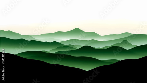 Serene layered mountain range verdant peaks and captivating vista mesmerizing shades of green natural landscape silhouette art tranquil wilderness harmonious gradients.