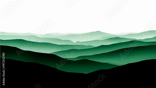 Panoramic layered mountainscape evokes tranquility and soft verdant hues and abstract minimalist landscape scenic vista and serene atmosphere and layered shades of green peaceful and natural beauty.