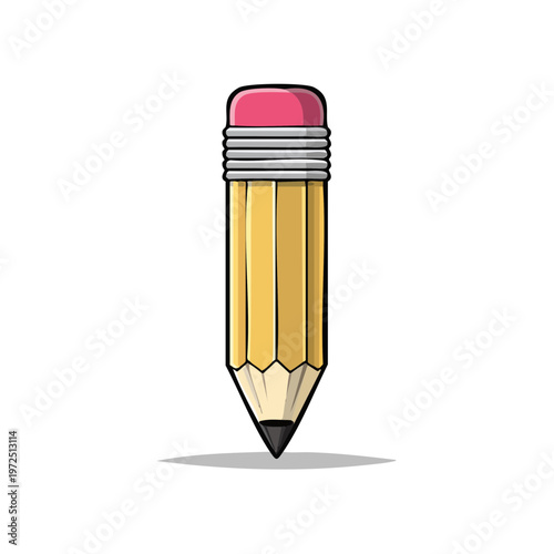 Simple yellow pencil with pink eraser and sharp graphite point cartoon illustration