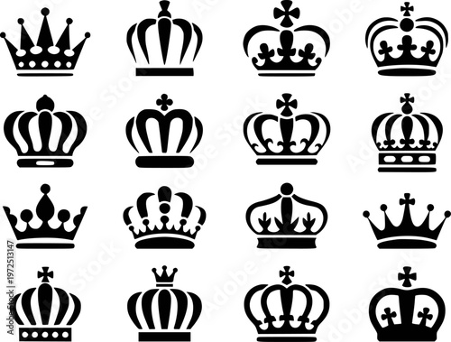 Collection of black royal crowns and regal headwear white background royalty king