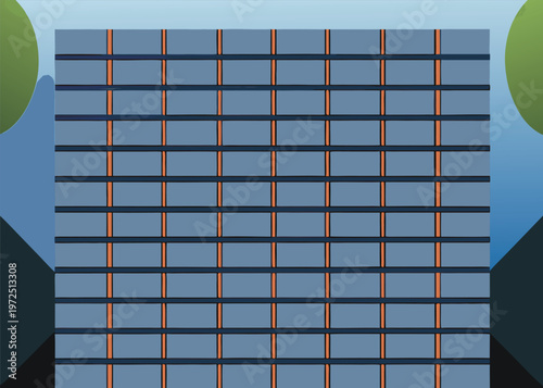 A blue grid with dark horizontal bands and thin orange vertical lines is set against a blue gradient background with green circular shapes at the top.