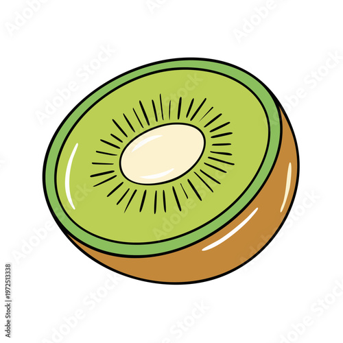 Cartoon half of a ripe kiwi fruit with green flesh and black seeds, healthy food illustration
