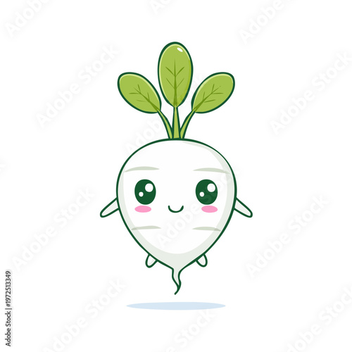 Cute cartoon kawaii radish character with happy expression and green leaves