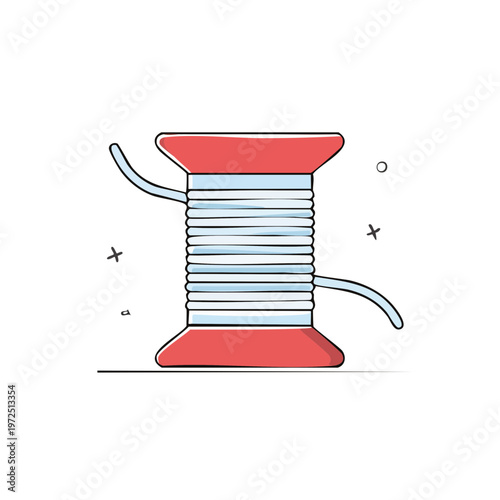 Simple cartoon illustration of a red and white sewing thread spool with light blue thread for crafting and sewing