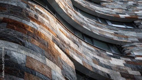 Modern building facade with textured stone cladding and curved design