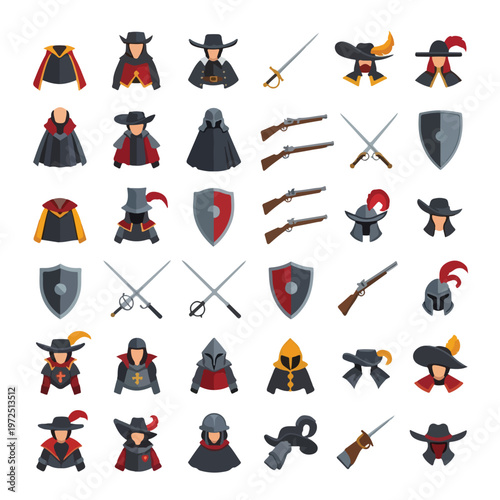 Comprehensive collection of musketeer and medieval knight character icons and historical weapons.