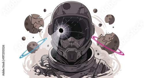 Illustration of an astronaut wearing a helmet with planets and rings in a monochromatic color scheme against a white background.