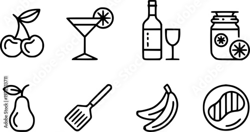 Collection of simple black outline representing food drinks and kitchenware white
