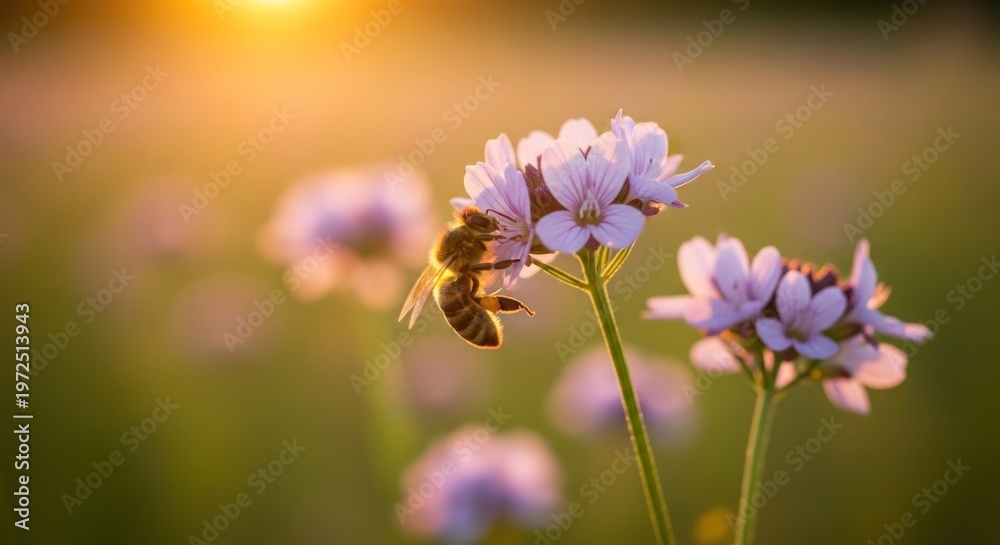 Fototapeta premium A bee pollinating a purple flower in a field at sunset.