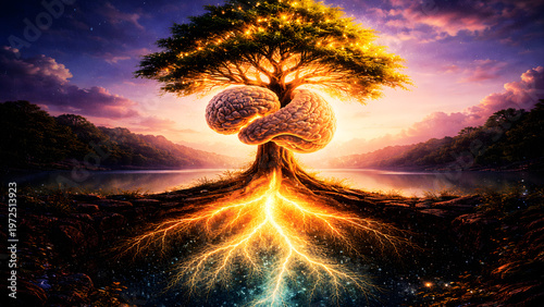 Wallpaper Mural Brain transforming into a tree with glowing roots, concept art Torontodigital.ca