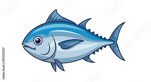 A cartoon-style bluefin tuna fish with a white background, depicted in a side view with vibrant blue and white hues.