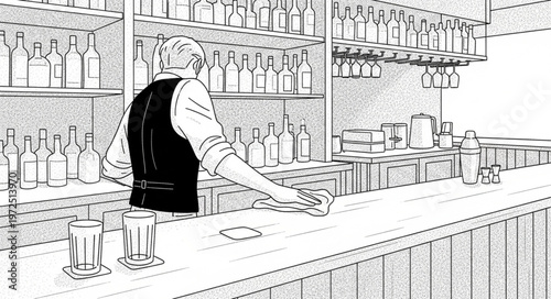 Bartender in a bar, serving drinks, black and white sketch.