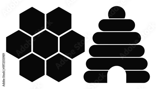 Black Hexagons and Beehive on White Background