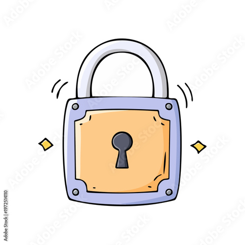 Cartoon padlock with a shiny metallic shackle and a yellow face symbolizing security and protection