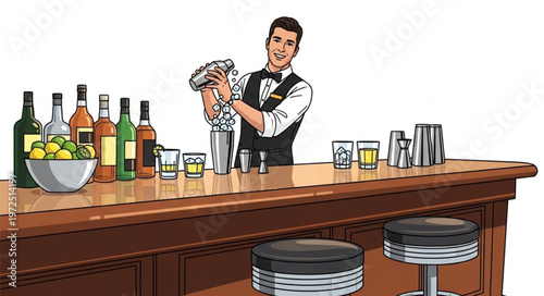 Bartender Mixing Drinks at a Bar with Bottles and Stools.