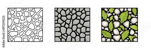 Tre modelli quadrati vettoriali che illustrano texture di pietre e foglie, ideali per sfondi o elementi di design grafico.