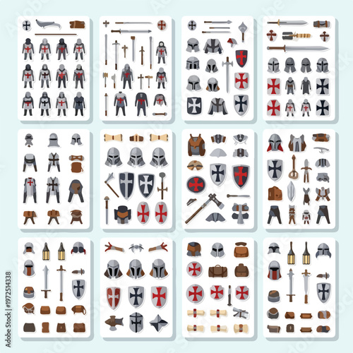 Collection of Medieval Knight Armor and Weaponry Game Asset Sheets.