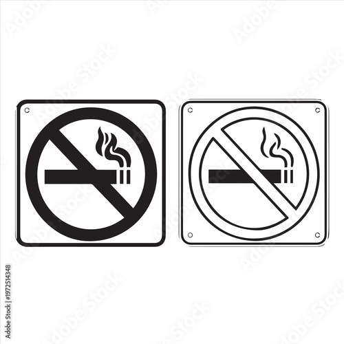 A red and white isolated vector icon featuring a prohibited cigarette symbol as a formal warning sign to ban smoking for public health and safety law