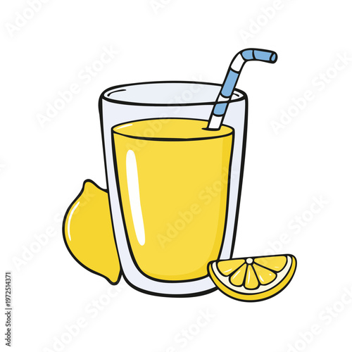 Refreshing yellow lemonade in a clear glass with straw and lemon slice