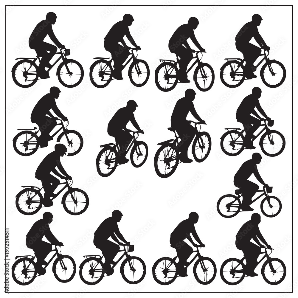 Obraz premium Set of bicycle and cyclist silhouettes featuring mountain bike riders and BMX athletes in action during a sport activity or race vector illustration