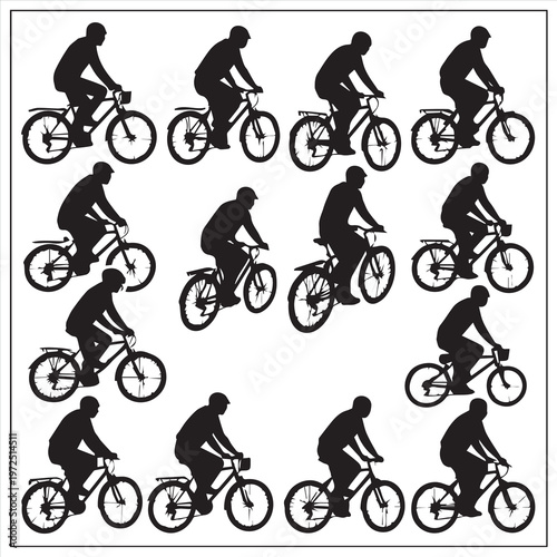 Set of bicycle and cyclist silhouettes featuring mountain bike riders and BMX athletes in action during a sport activity or race vector illustration
