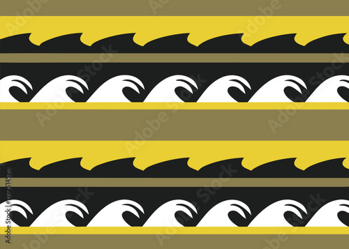 A repetitive horizontal pattern displays black shark fin shapes on a yellow background and white curling waves on a black background separated by olive stripes.