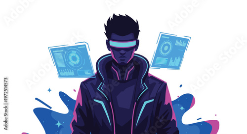 Illustration of a futuristic character with glowing blue lines on their face and jacket, surrounded by floating digital screens with a neon and blue color scheme against a white background.