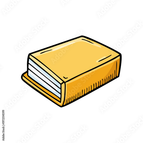 Closed yellow cartoon book with white pages and lined cover detail