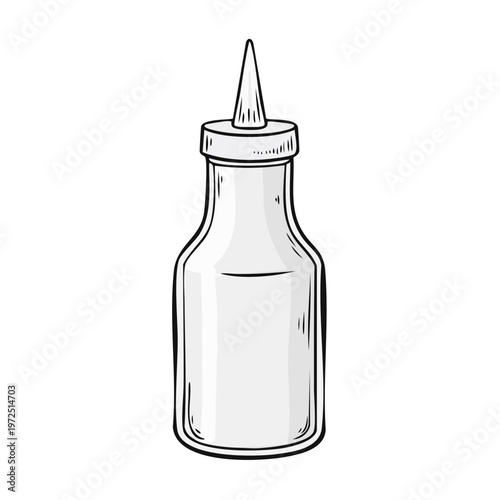 Empty transparent glass squeeze bottle with pointed cap for condiments and sauces isolated on white background in sketch style