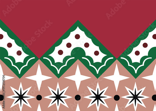 A horizontal composition shows a deep red upper section and a tan lower section decorated with white and black stars and a green zigzag border.