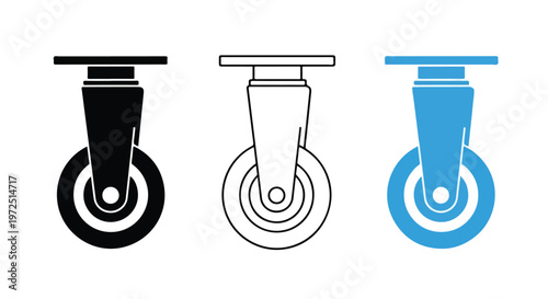 Three different styles of industrial caster wheels shown in black, outline, and blue for furniture or equipment mobility