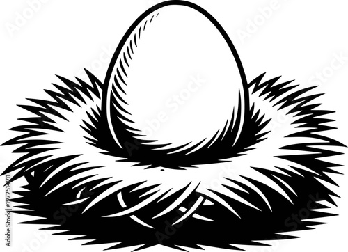 Single black and white of an egg nestled securely in a detailed bird's nest nature