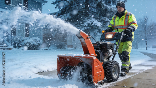 Snow Removal Technician Operating Snowblower in Heavy Snow
