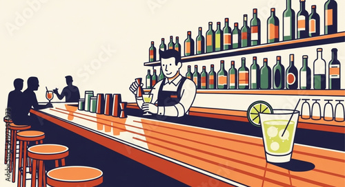 Bartender preparing a cocktail at a busy bar.