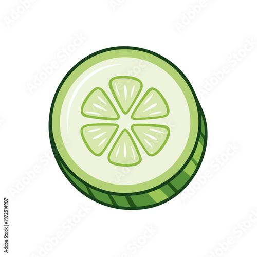 Flat illustration of a single refreshing cucumber slice with green skin and light green flesh