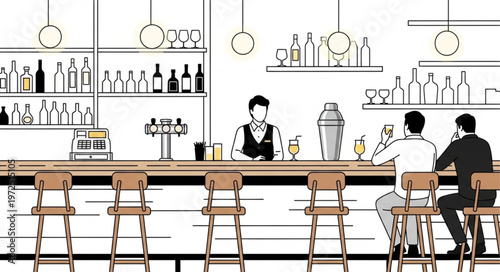 Bartender Serving Customers at a Bar Counter Illustration.