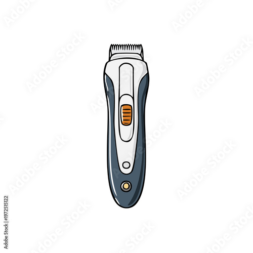 Stylized illustration of a handheld electric beard trimmer with a white and grey body and orange button
