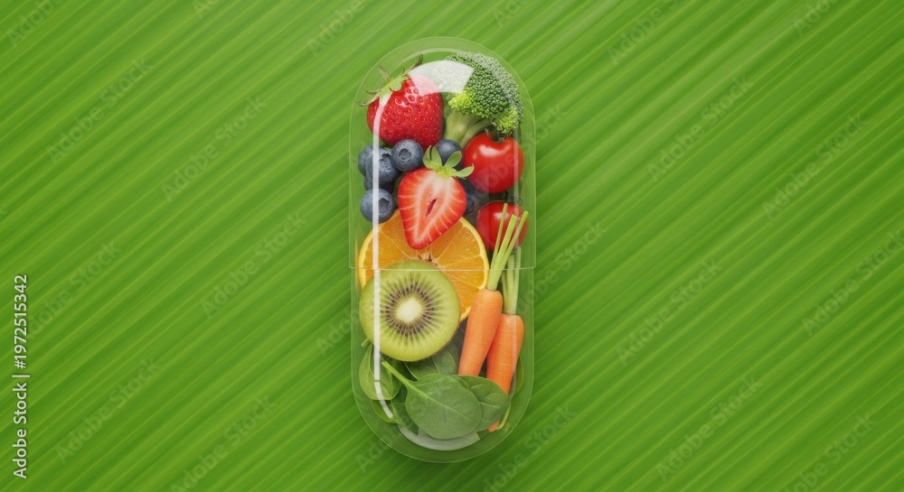 Fototapeta premium A colorful fruit salad in a transparent container on a green background.