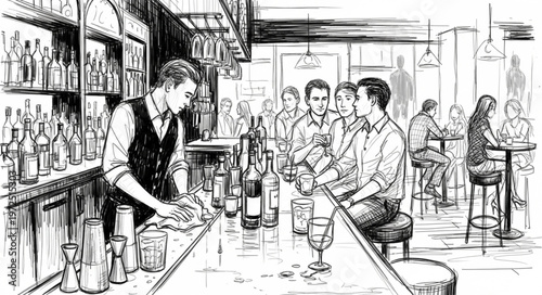Bartender Serving Customers at a Busy Bar.