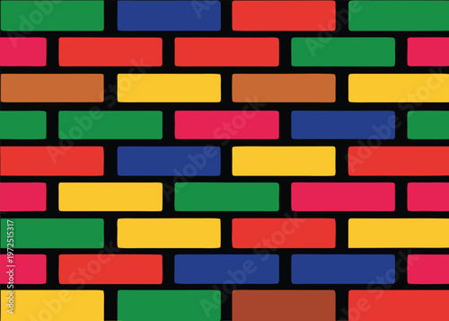 A colorful digital pattern represents a brick wall with rounded rectangular blocks in red, blue, green, and yellow hues separated by thick black grout lines.